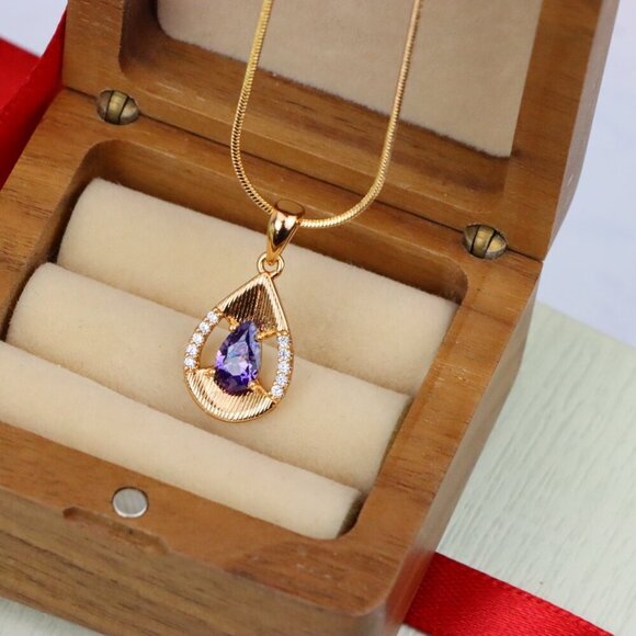 "Teardrop Purple Pendant with Dazzling Accents in Gold Finish, XPPT1690 - Picture 6 of 13